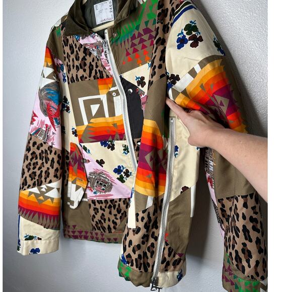 Sacai Tan Animal Mixed Print Patchwork Cotton Velvet Collar Zip Jacket 4 / XL - Picture 6 of 16